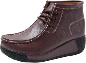 Женские кожаные ботильоны на танкетке, удобные ботинки на шнуровке с платформой для повседневной носки и работы, поддерживающая повседневная обувь Hhhchpm, Brown