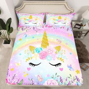 Erosebridal Детский комплект постельного белья Floral Unicorn с мультяшным принтом единорогов, сине-фиолетовый градиент, Purple Yellow