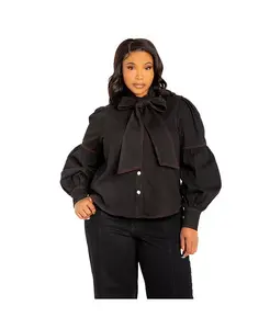 Женская джинсовая блузка больших размеров с бантом на вороте и рукавами-буфами Buxom Couture, черный