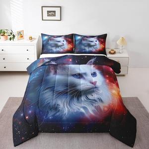Erosebridal Комплект постельного белья Galaxy Cat с белыми котятами и звездным небом для любителей кошек, Black Red Blue