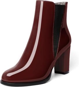 Женские модные ботильоны AUMOTED с высокой массивной колодкой, короткие, с круглым носком, эластичные, теплые, с боковой молнией, на каблуке 3,4 дюйма, зимние ботильоны, Burgundy