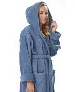 Женский хлопковый банный халат с капюшоном, длинный, сертифицированный GOTS, органический турецкий хлопок ARUS, синий