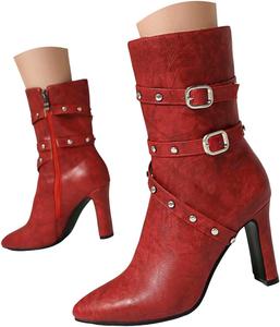 Женские ботильоны на щиколотку, модные с заклепками, заостренный носок, кожаный ремешок с пряжкой, высокие каблуки с боковой молнией, удобные ботильоны на каблуке для работы, вечеринки, выпускного вечера, винтажные ботильоны Generic, Red