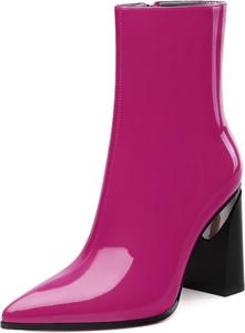 Женские ботильоны, 3,5 дюйма с заостренным носком, лакированные ботильоны на высоком каблуке, короткие ботинки с массивным каблуком и боковой молнией Heisnemca, Magenta Patent