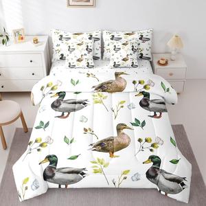 Erosebridal Комплект постельного белья Mallard Duck с принтом уток и бабочек в деревенском стиле, White Green Grey