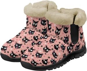 Женские зимние ботинки UNICEU с утеплителем из искусственного меха, снегоступы для ходьбы, повседневные туфли на плоской подошве, ботинки без шнурков для улицы, Black Cats