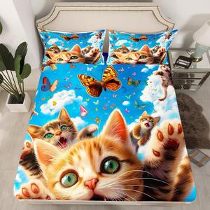 Erosebridal Комплект постельного белья Kawaii Cat Queen с милыми котятами и радужным принтом, Blue Yellow