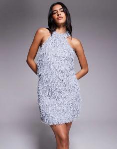 Мини-платье Jaded Rose с открытой спиной из искусственного меха синего цвета