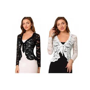 Набор из 2 комплектов женских укороченных кардиганов с завязками спереди и прозрачными кружевными подолами с рюшами и цветочным принтом ALLEGRA K, цвет Black White