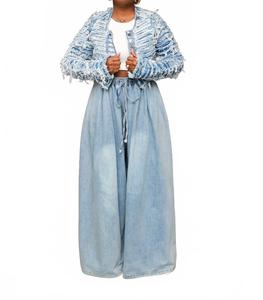 Укороченная куртка из потертого денима синего цвета 5Besties, синий