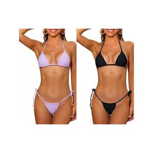 2 комплекта женского бикини с завязками на шее и боку, треугольные трусики на завязках Inspire Chic, Purple Black