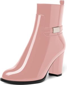 Женские ботинки AMBELIGHT с лакированной застежкой-молнией, повседневные, с круглым носком, на массивном высоком каблуке, ботильоны, 8,4 см, Pink