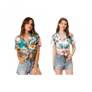 2 пары женских гавайских пляжных рубашек на пуговицах с цветочным принтом и листьями ALLEGRA K, цвет White Floral