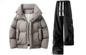 Повседневная спортивная одежда унисекс стойка утепленная и флисовая подкладка X1617, коричневый серый puffer jacket+черный fleece-lined pants