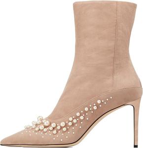 Платье XYD, высокие каблуки, ботильоны средней длины для женщин, изысканные с жемчугом, заостренный носок, боковая молния, замшевые ботильоны с жемчугом, обувь на шпильке для вечеринок и событий, Nude