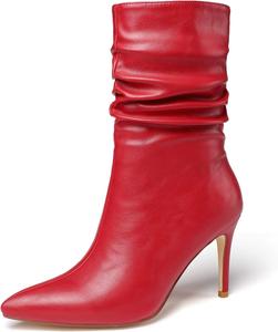 Женские ботильоны Vivianly с зауженным носком, на каблуке-шпильке, средние по голени с молнией, Red-Matte