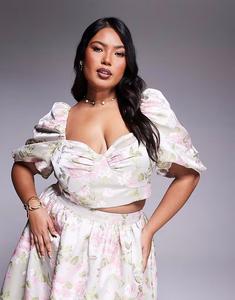 Топ с рукавами-фонариками ASOS LUXE Curve из жаккардового жаккарда с узором «тюльпан»