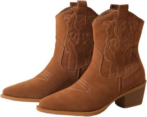 Женские западные ковбойские сапоги, верх из вышитой кожи, каблук, модные ботильоны с заостренным носком AnnabaFanny, Brown