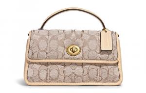 Кошелек с замочком-защелкой из хлопка и коровьей кожи, через плечо, на плечо, маленький, женский, лаймовый, слоновая кость, белый COACH