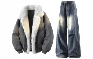 Повседневный спортивный костюм Unisex с воротником стойкой утепленный X1617, темно-серый cotton jacket+темно-синий fleece-lined pants