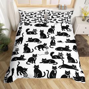 Erosebridal Комплект постельного белья Cute Black Cats с милыми котятами, черно-белый мультяшный принт, тема домашних животных, Multi 18