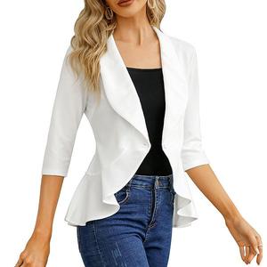 Женский кардиган-блейзер с 3/4 рукавом, открытым передом и рюшами по низу для офиса и повседневной носки Seoria, White