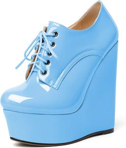 Женские ботильоны AUMOTED на танкетке, круглый носок, платформенные короткие ботинки, для свиданий, из лакированной кожи, с шнуровкой, на танкетке 15 см, на молнии, удобные, Light Blue