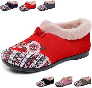 Зимние женские ботинки с теплой плюшевой подкладкой, удобные ботильоны на плоской подошве с вышивкой в виде цветка Generic, Red