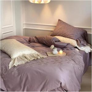 YUSIWOAL Комплект постельного белья из хлопка с цветочной вышивкой и французским романтичным краем Purple