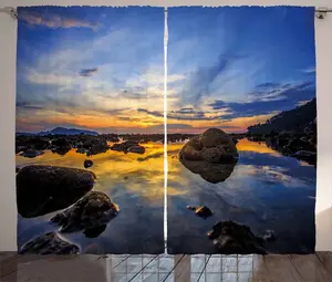 Штора ABAKUHAUS Coastal Rustic, Сумеречный скалистый берег, для спальни, присборенная тесьма с петлями и крючками, 280 x 175 см, абрикосово-синий