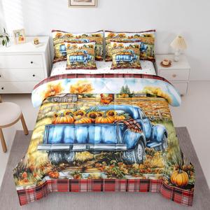 Erosebridal Комплект постельного белья Country Farm Truck с тематикой осеннего урожая, тыквы и подсолнухов в ретро-стиле ранчо, Orange Yellow Blue