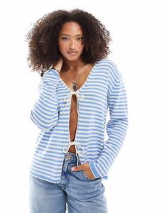 Свободный трикотажный кардиган ASOS DESIGN с V-образным вырезом и завязками спереди в синюю полоску