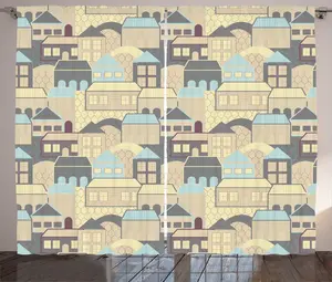 Шторы ABAKUHAUS Urban Rustic, Vintage Colorful Houses, универсальные ленточные шторы для гостиной с петлями и крючками, 280 x 225 см, серо-бежевый оттенок Abakuhaus