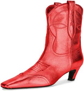 Женские ботильоны FSJ с квадратным носком, удобные, невысокий каблук типа «кикушка», на липучке, осенне-зимние, ковбойские, нарядные, размер 4-16 США, Red Metallic Leather