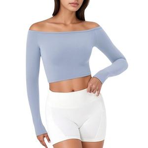 Женский топ-кроп с длинными рукавами и открытыми плечами из легкой эластичной ткани Anna-Kaci, Light Blue