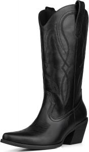 Женские ковбойские сапоги до колена с широким голенью, со стразами, острым носком, массивным каблуком, вышивкой и блестками, с боковой молнией, размер 6-11 DANAZANA, Mid - Black