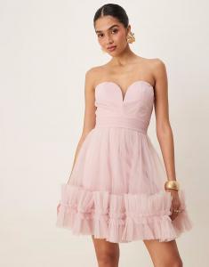 Платье-миниатюра из тюля с кружевом и бисером, оборками по подолу, в форме сердца, нежно-розового цвета Lace & Beads