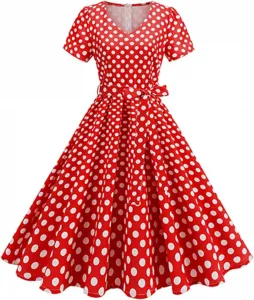 Платье в горошек для женщин, винтажное, в стиле рокабилли 1950-х годов, с бантом на талии, короткими рукавами, вечернее, миди, коктейльное платье, туника Generic, красный