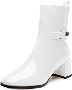 Женские ботильоны SKYSTERRY с круглыми носками, массивным каблуком и высоким блок-каблуком, модные ботинки из лакированной кожи для вечеринок, свадеб, шопинга, работы и короткие платья, White