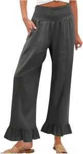 Льняные брюки Women Plus Size летние широкие с присборенной талией и оборкой по низу