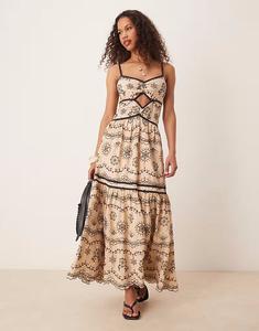 Платье макси с вырезами, вышивкой и черной отделкой Asos Design