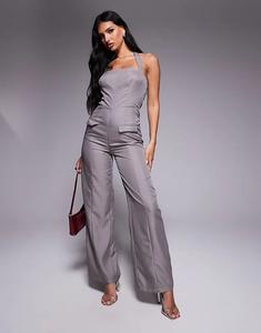 Эксклюзивный комбинезон Kaiia с широкими штанинами и воротником-халтером в тонкую серую полоску