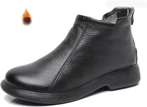 Плоские женские ботильоны из натуральной кожи, с шнуровкой, классический круглый носок, молния, мягкая подошва, повседневные, удобные, для отпуска, офиса, противоскользящие кожаные сапоги Forevercan, Schwarz-B[Plüsch]