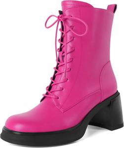 Женские боевые ботинки SAMMITOP на шнуровке, укороченные ботильоны с низким каблуком, массивной платформой, круглым носком и высотой каблука 2,5 дюйма, Hot Pink