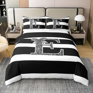 Erosebridal Комплект постельного белья Kawaii Bow с инициалом E, стильные банты и полосы, 100% хлопок, Black White E