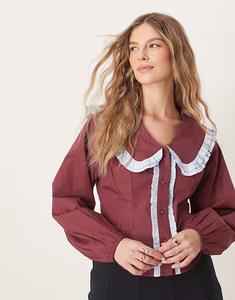 Neon Rose - Приталенная блузка бордового цвета с воротником