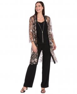Женский комплект: длинный прозрачный жакет с вышивкой, топ без рукавов и брюки R & M Richards, Black/Gold