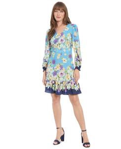 Женское платье с V-образным вырезом и длинными рукавами, с принтом London Times, Blue Multi