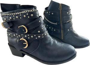 Женские кожаные готические ботильоны на низком каблуке, модные и ретро, с боковой молнией и декоративной цепочкой в стиле панк AnnabaFanny, Blue