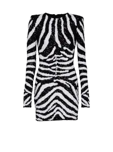 Короткое двухцветное платье с пайетками в зебровый принт Balmain, белый